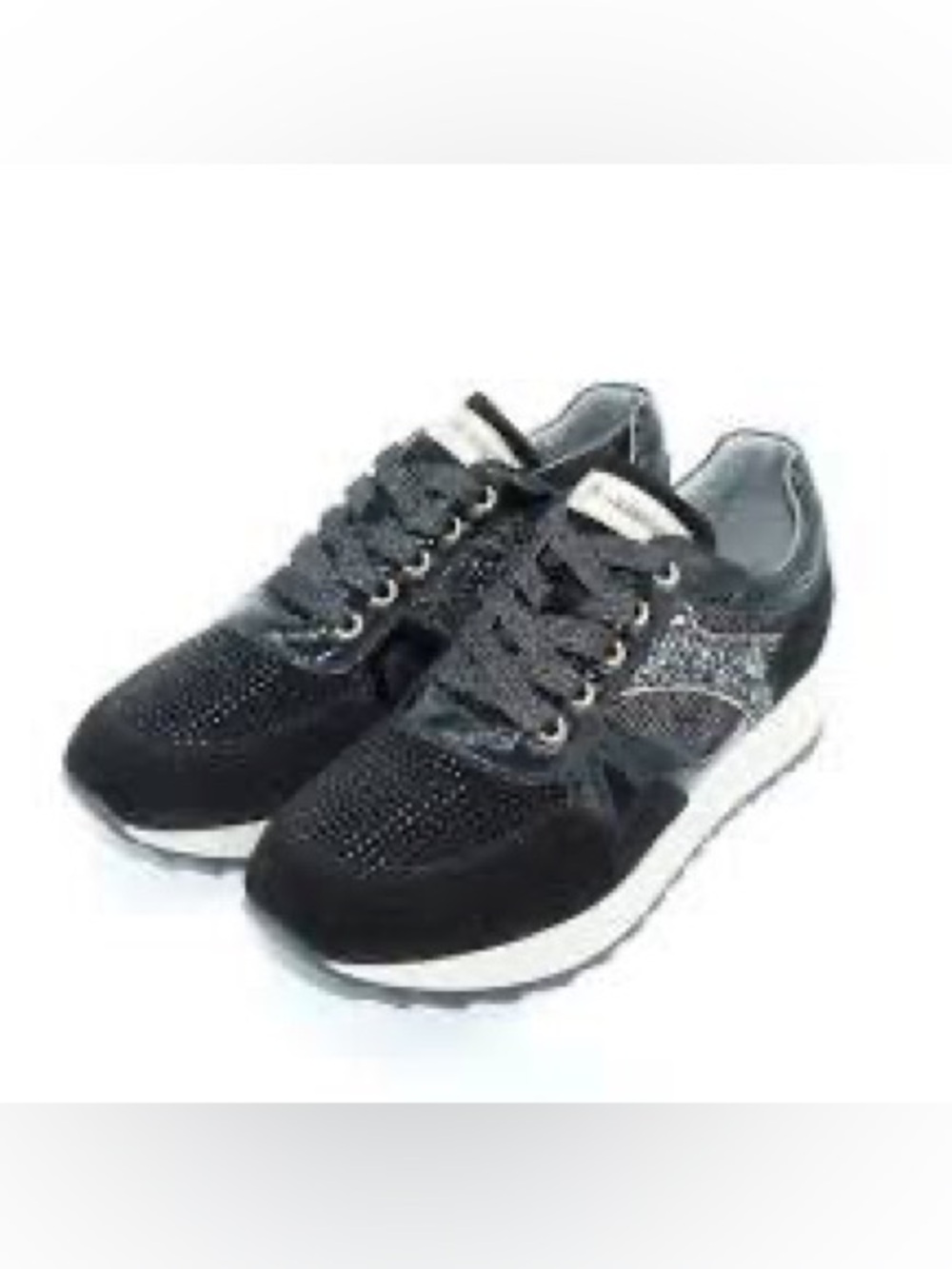 Nero Giardini Kids Black Glitter Lace-Up Sneakers with White Sole
